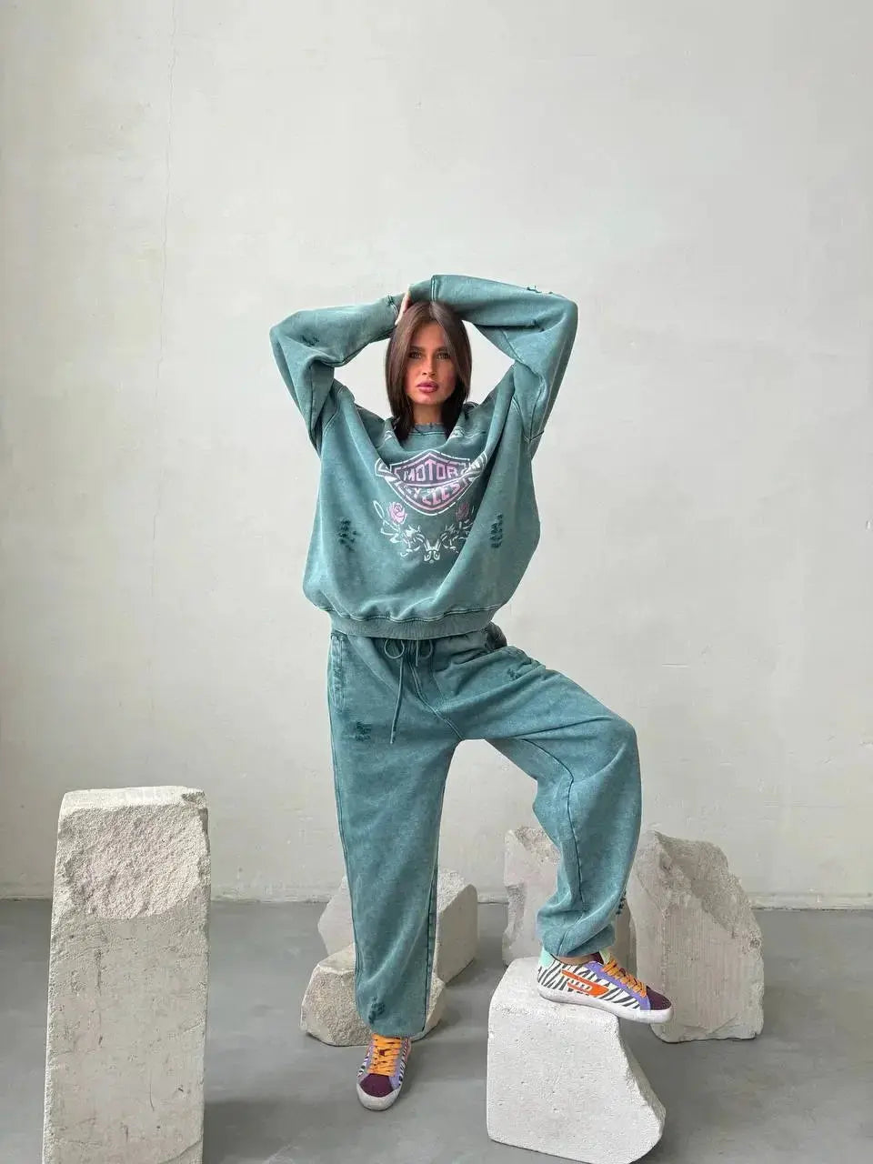 Women's letter graphic crew neck sweatshirt from Plush Fashion Hub, soft cotton loungewear with a casual, comfortable fit.