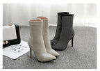 Women rhinestone high heel boots with pointed toe, stylish and glamorous footwear by Trendy Attic Store01.