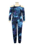 Plus size women's off-shoulder tie-dye casual suit featuring a relaxed fit and stylish design, perfect for everyday wear.