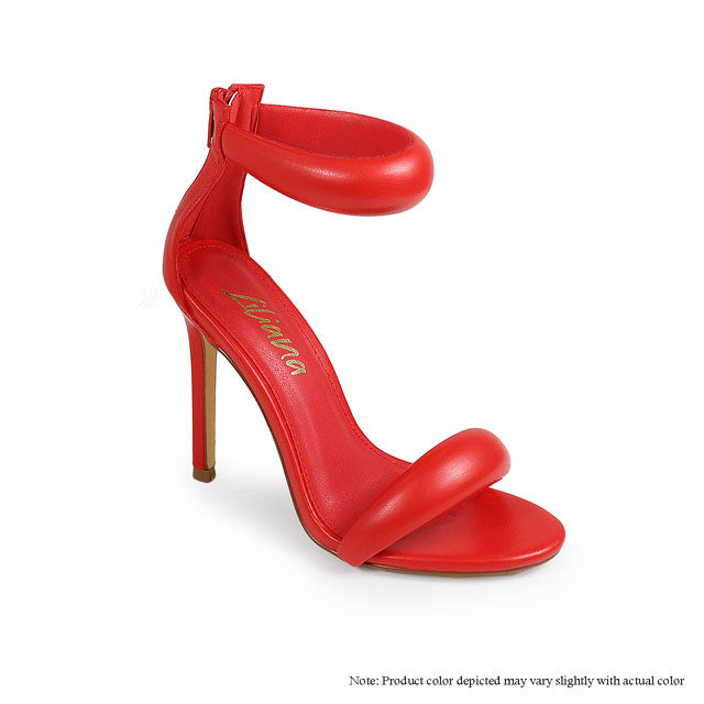 Red Plush Fashion Hub Tisha-112 heels shown from an angle, featuring stylish high-heeled footwear with sleek design and pointed toes.