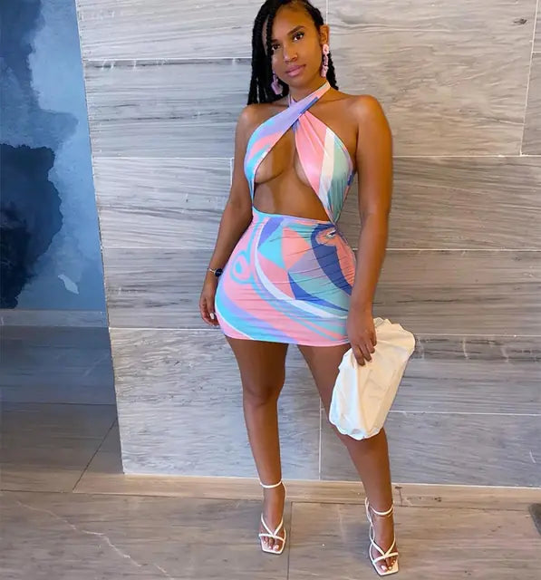 Rainbow tie-dye halter bodycon mini dress for women, featuring vibrant colors and a fitted silhouette, stylish and trendy.