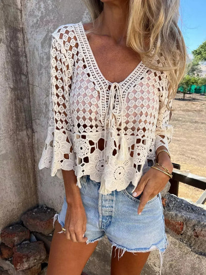 Tassel Crochet Knit Cover Up - Plush Fashion Hub