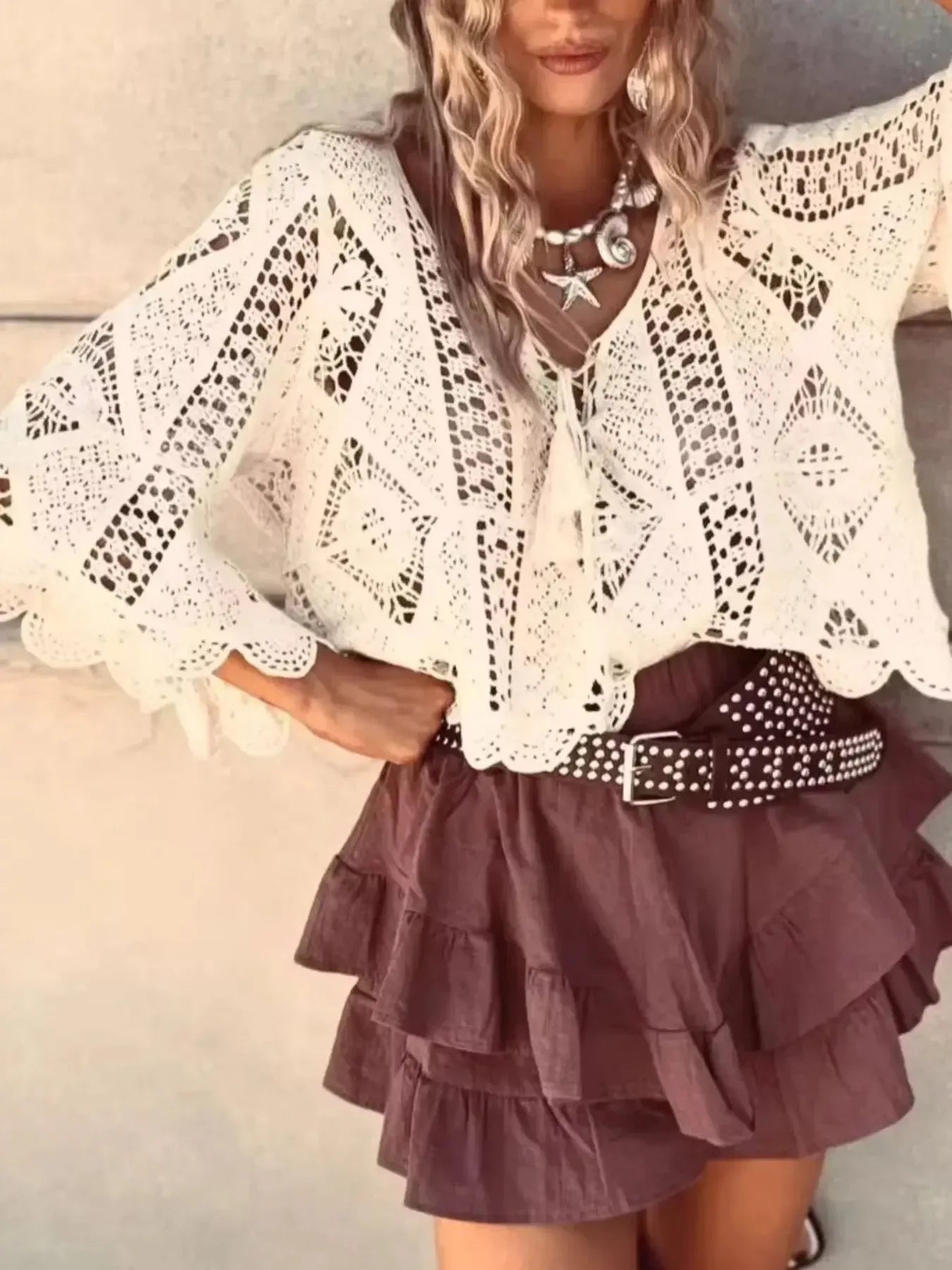 Tassel V-Neck Crochet Knit Top - Plush Fashion Hub