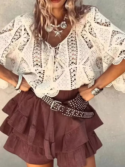 Tassel V-Neck Crochet Knit Top - Plush Fashion Hub