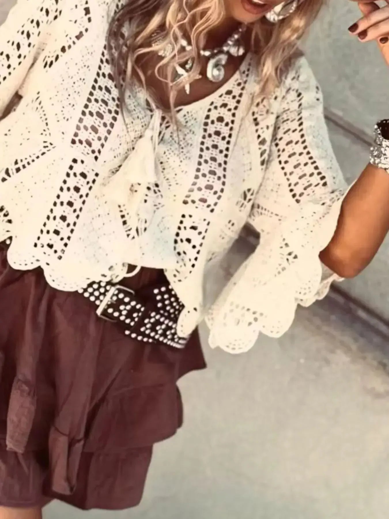 Tassel V-Neck Crochet Knit Top - Plush Fashion Hub