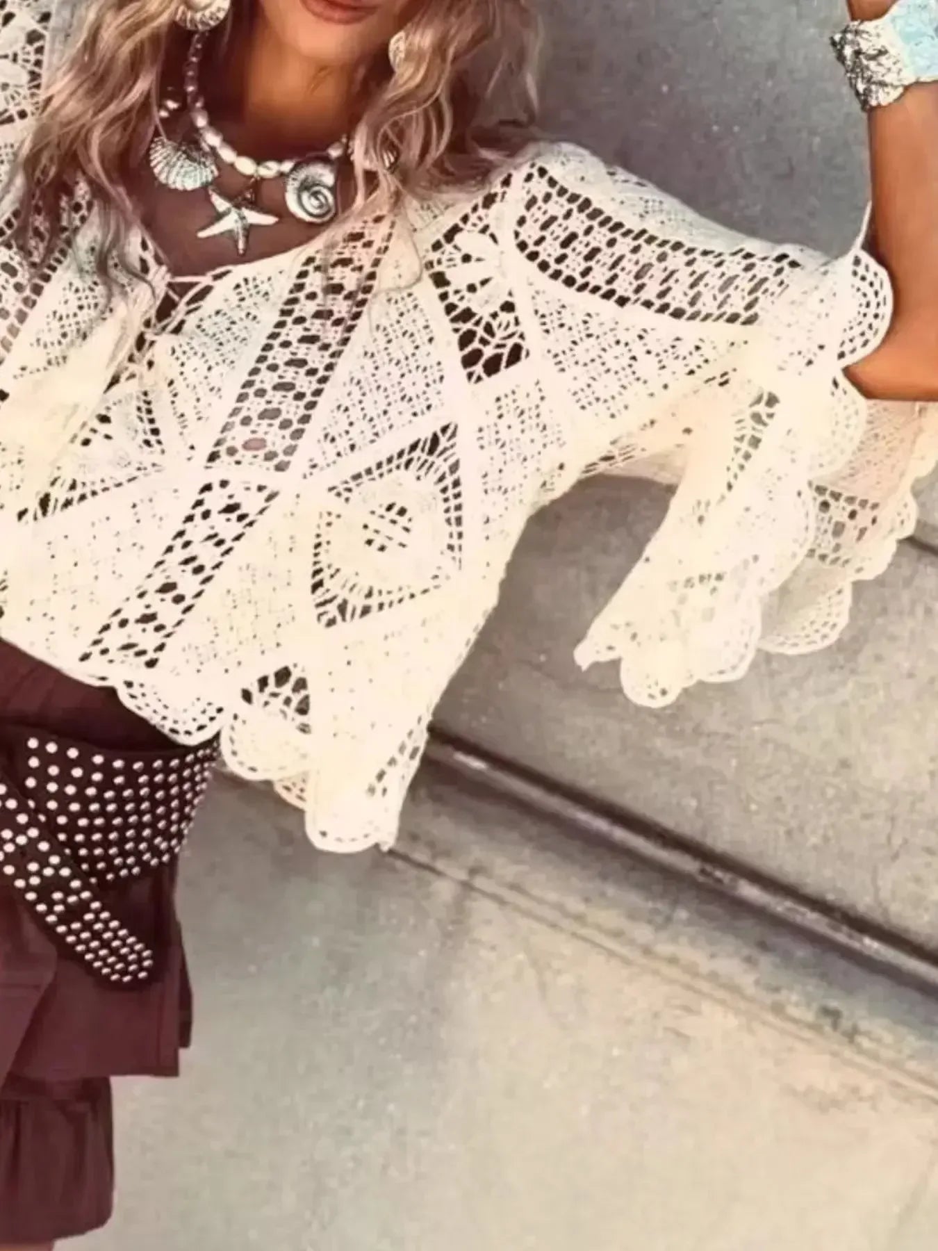 Tassel V-Neck Crochet Knit Top - Plush Fashion Hub