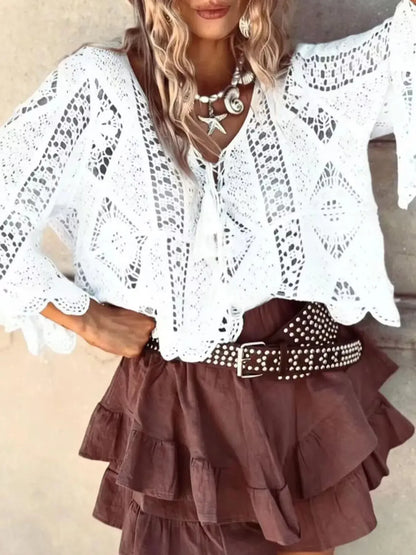 Tassel V-Neck Crochet Knit Top - Plush Fashion Hub