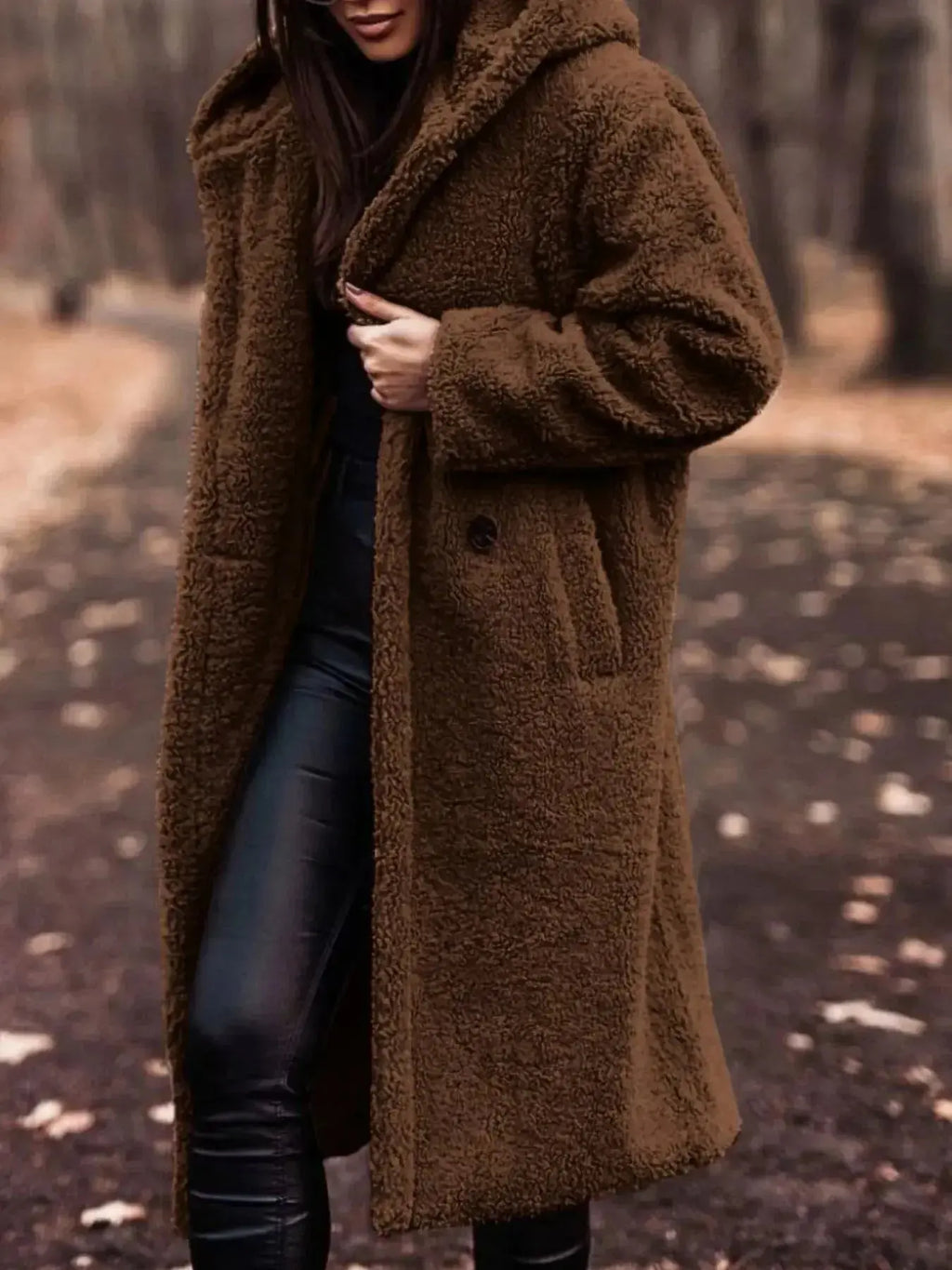 Lightweight plush teddy bear longline hooded jacket by Plush Fashion Hub, soft fleece outerwear with a cozy hood and relaxed fit.