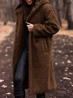 Lightweight plush teddy bear longline hooded jacket by Plush Fashion Hub, soft fleece outerwear with a cozy hood and relaxed fit.
