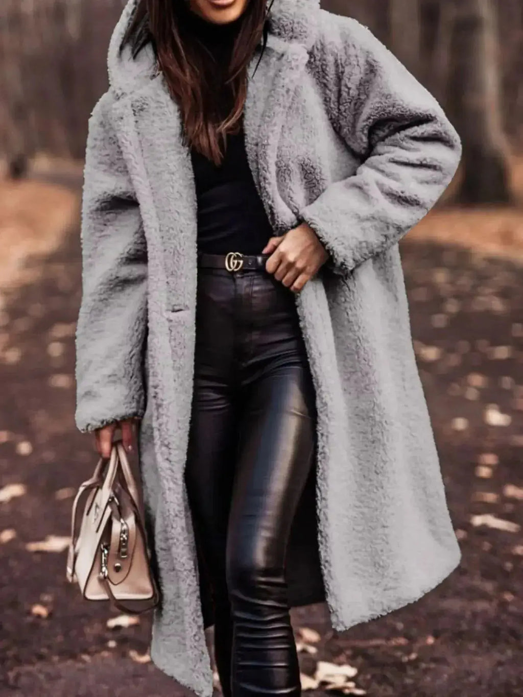 Soft plush teddy bear longline hooded jacket by Plush Fashion Hub, lightweight outerwear with cozy, plush material and hood.