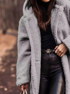 Soft plush teddy bear longline hooded jacket by Plush Fashion Hub, lightweight outerwear with cozy, plush fabric and a relaxed fit.