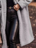 Soft plush teddy bear longline hooded jacket by Plush Fashion Hub, lightweight outerwear with cozy, plush material and hood.