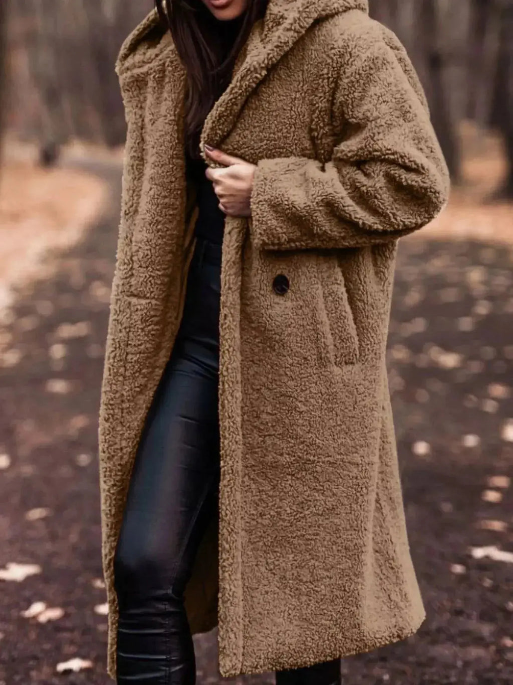 Lightweight plush teddy bear longline hooded jacket from Plush Fashion Hub, soft and cozy outerwear with a hood and plush texture.