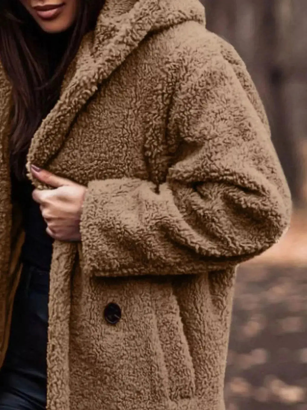 Lightweight plush teddy bear longline hooded jacket from Plush Fashion Hub, soft and cozy outerwear with a plush texture.