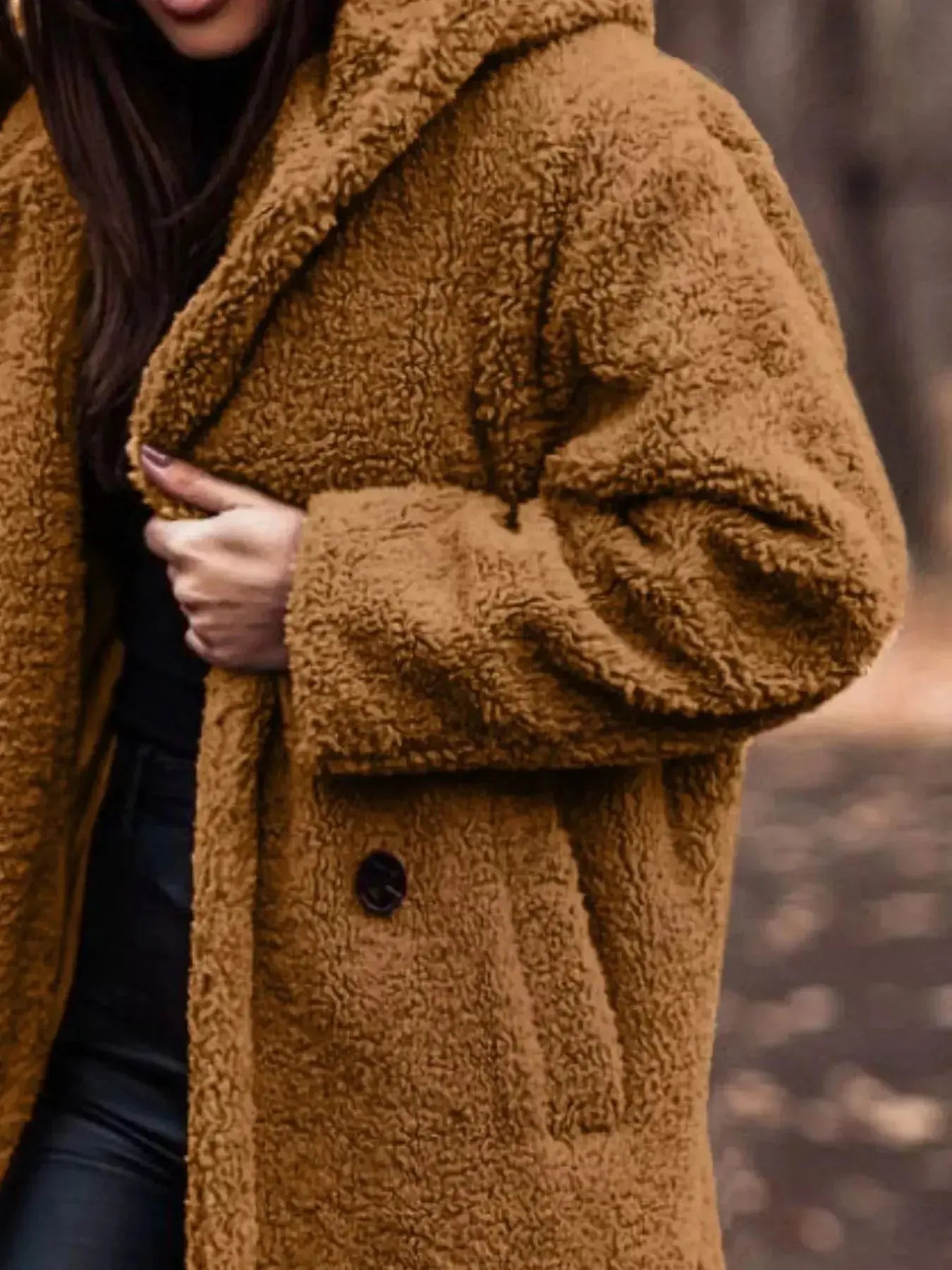 Lightweight plush teddy bear longline hooded jacket from Plush Fashion Hub, cozy outerwear with soft plush material.