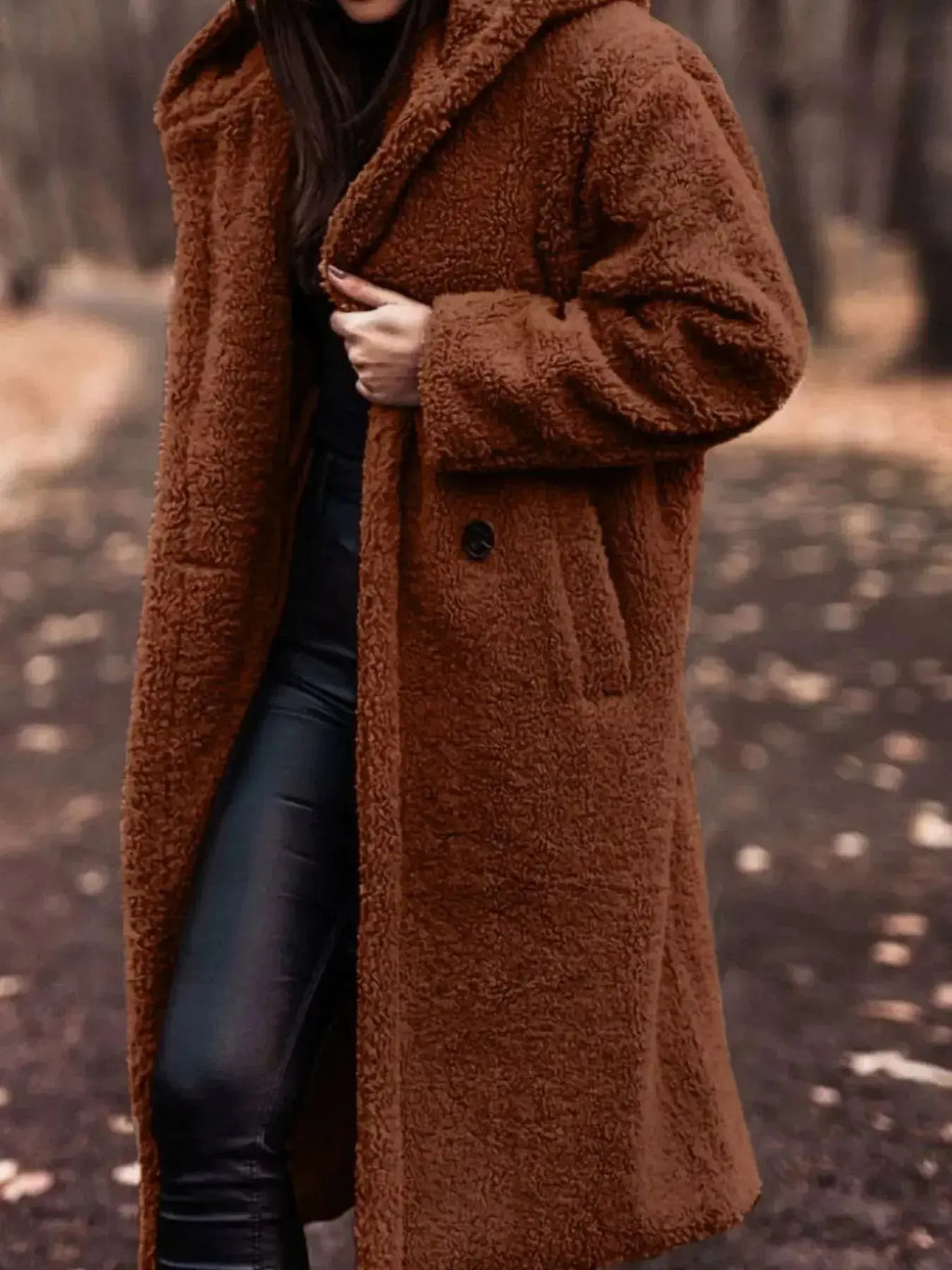 Lightweight plush teddy bear hooded longline jacket from Plush Fashion Hub, soft and cozy outerwear for chilly days.