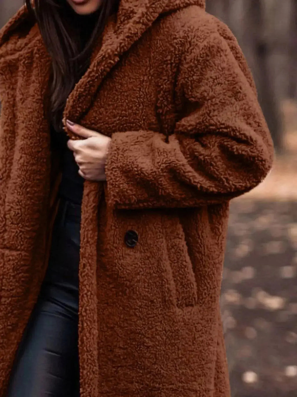 Soft plush teddy bear longline hooded jacket by Plush Fashion Hub, lightweight outerwear with cozy, plush fabric and hooded design.