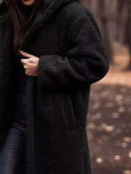 Lightweight Teddy Bear longline hooded jacket by Plush Fashion Hub, featuring soft plush outerwear and cozy hood for cold weather.