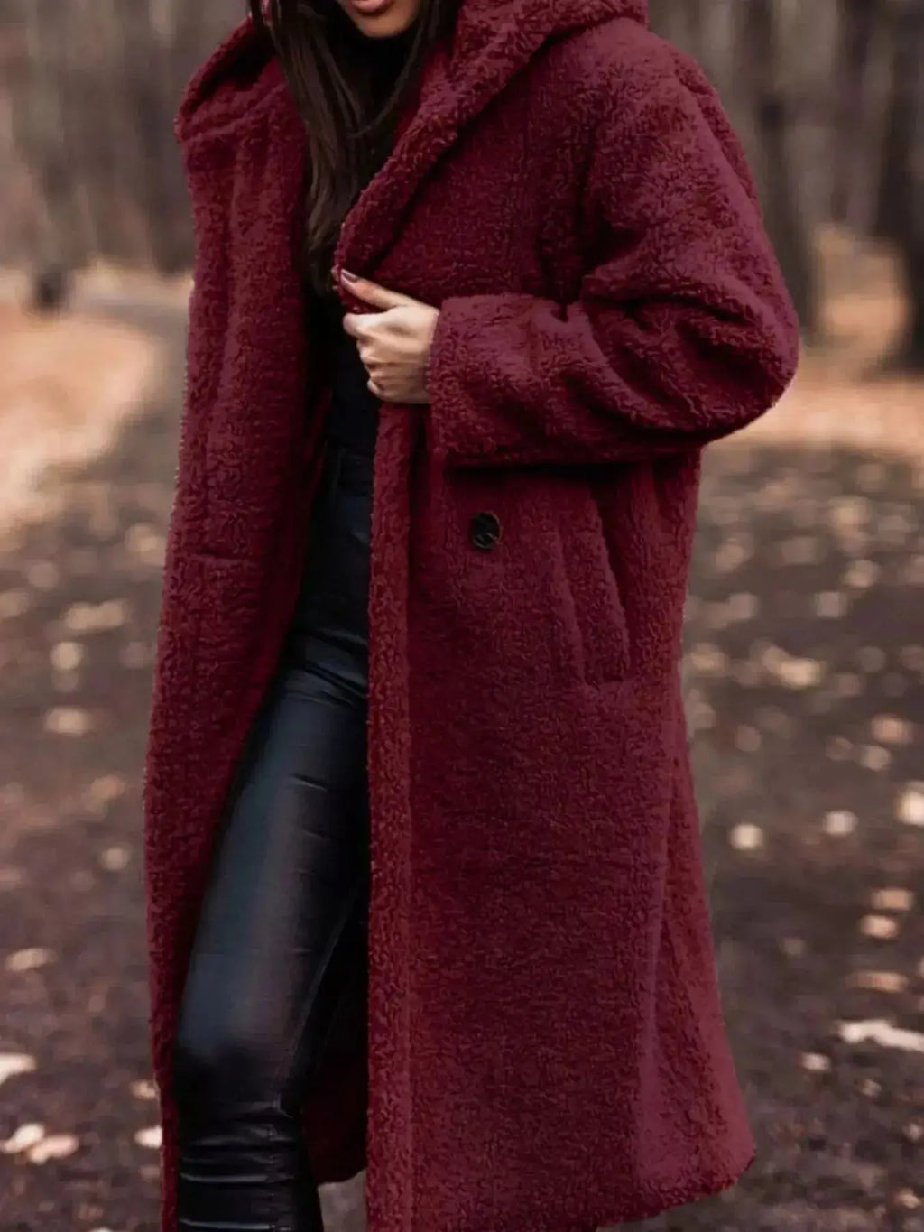 Soft plush teddy bear longline hooded jacket by Plush Fashion Hub, lightweight outerwear with cozy, plush exterior and hood.