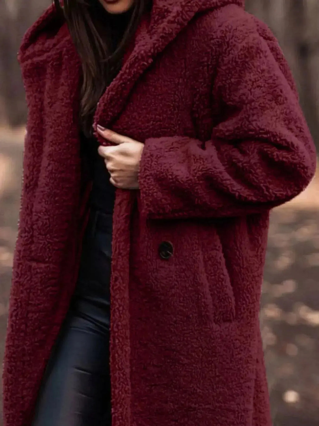 Soft plush teddy bear longline hooded jacket by Plush Fashion Hub, lightweight outerwear with cozy, plush fabric and hood for warmth.