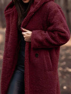 Soft plush teddy bear longline hooded jacket by Plush Fashion Hub, lightweight outerwear with cozy, plush fabric and hood for warmth.