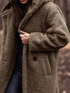 Lightweight plush teddy bear longline hooded jacket by Plush Fashion Hub, soft soft outerwear with cozy hood and plush texture.