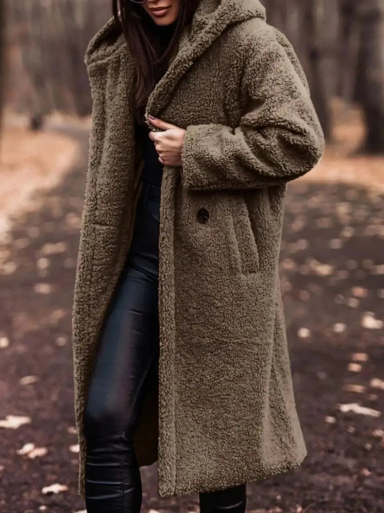 Soft plush Teddy Bear longline hooded jacket by Plush Fashion Hub, lightweight outerwear with a cozy, teddy bear design.