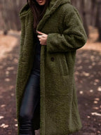 Lightweight plush Teddy Bear longline hooded jacket by Plush Fashion Hub, soft cozy outerwear with a plush teddy bear design.