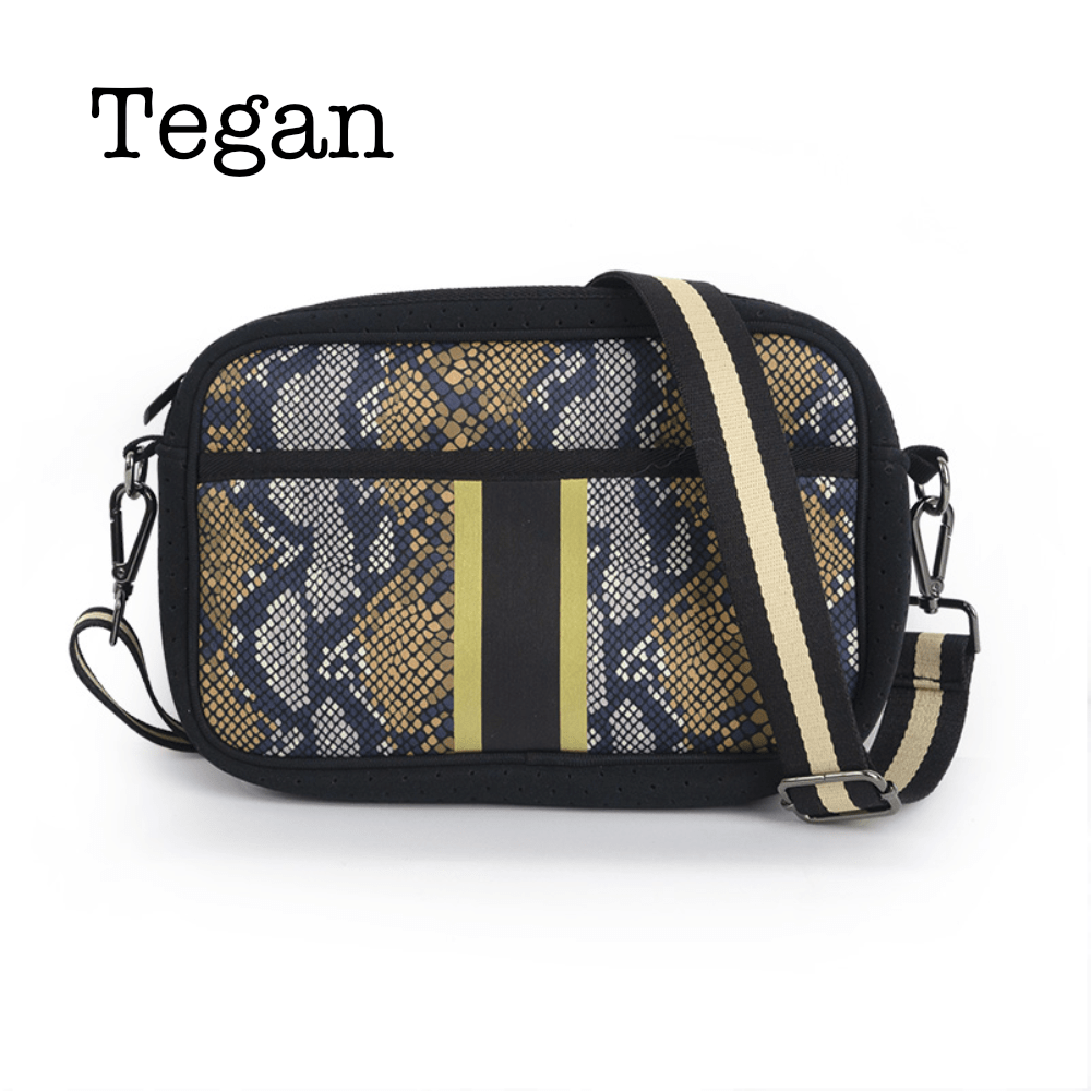 Black neoprene crossbody bag by Threaded Pear featuring adjustable strap and sleek design, perfect for everyday use.