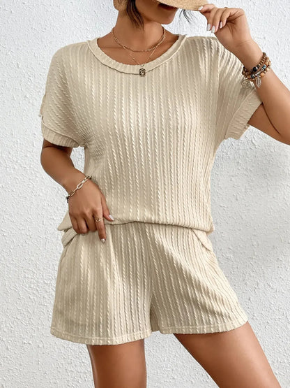 Texture Round Neck Top and Shorts Lounge Set - Plush Fashion Hub