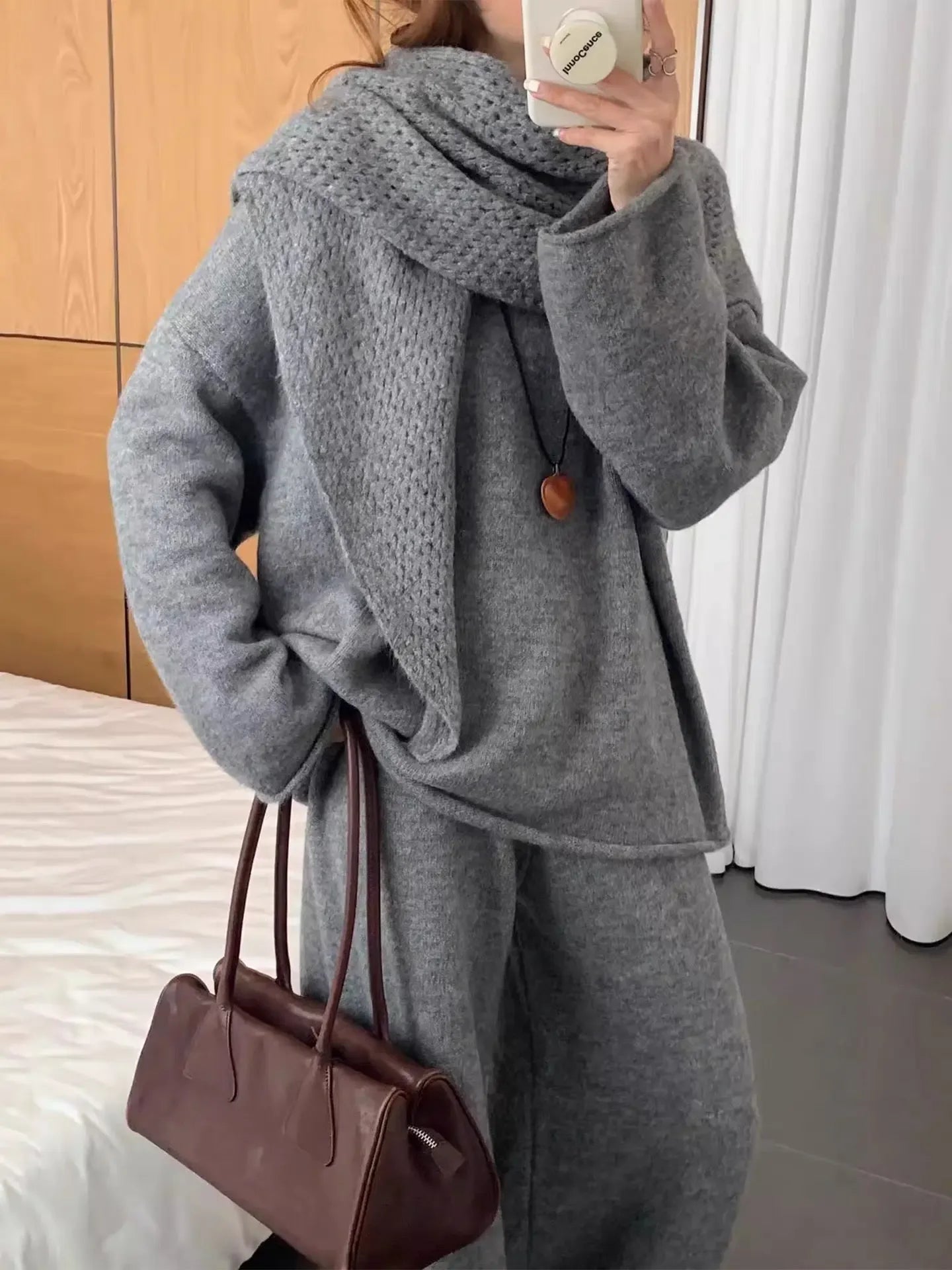 Three-Piece Set: Knitted Sweater + Openwork Shawl + Casual Trousers - Plush Fashion Hub