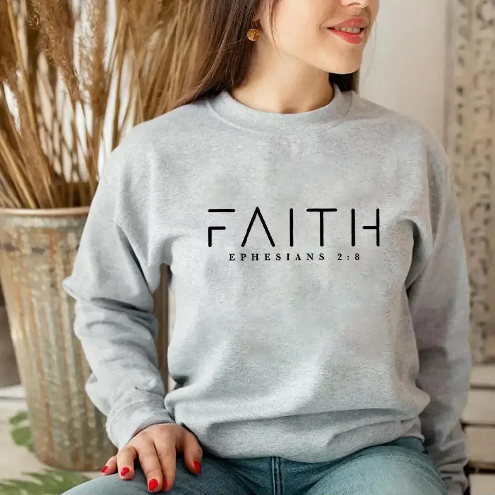 Trendy Faith Bible Verse Christian sweatshirt by Plush Fashion Hub featuring religious text on soft crewneck apparel.