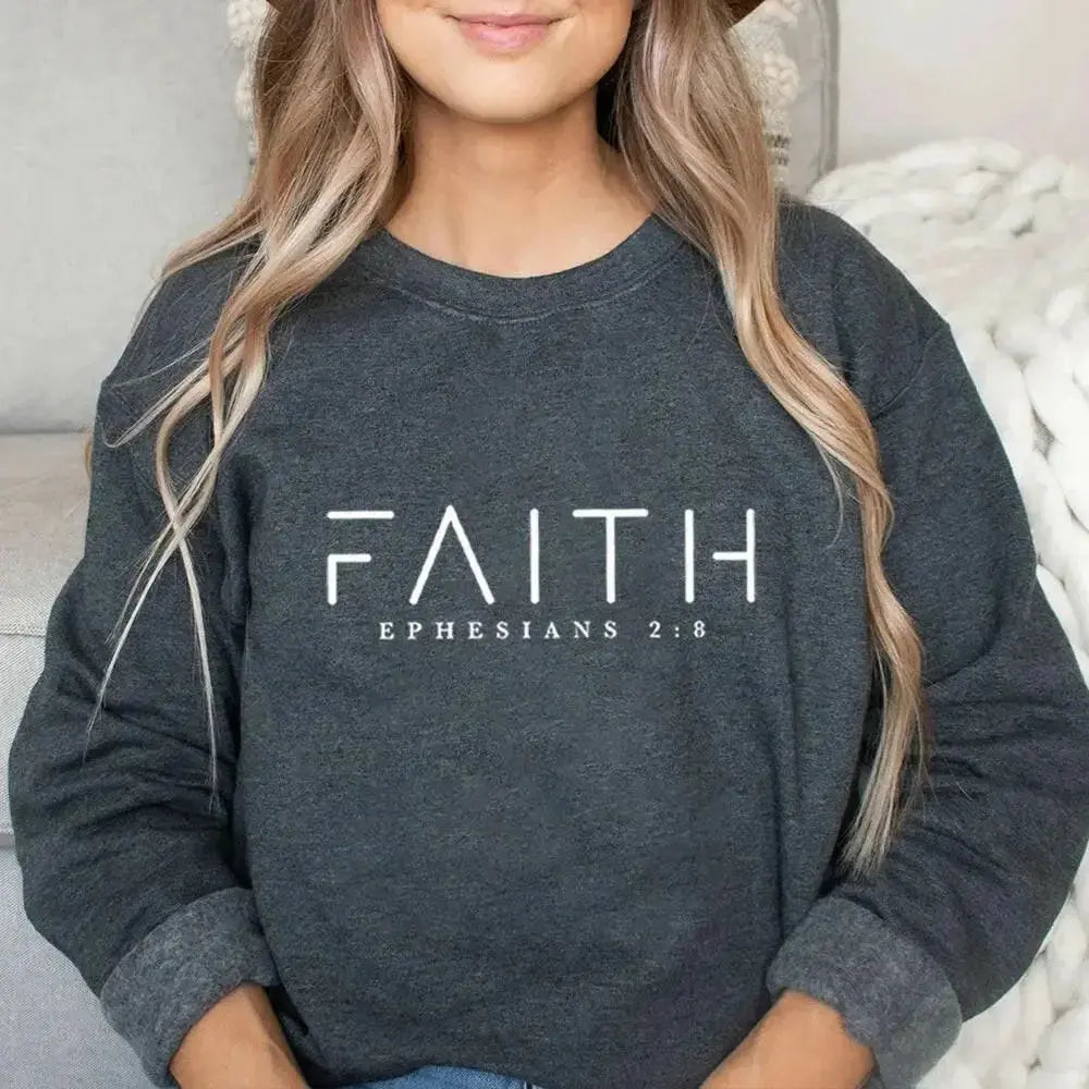 Trendy Faith Bible Verse Christian sweatshirt by Plush Fashion Hub featuring religious design on soft casual apparel.
