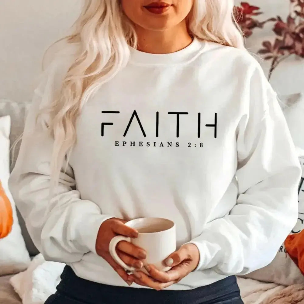 Christian crewneck sweatshirt featuring faith Bible verse, made by Plush Fashion Hub, with trendy religious design and comfortable fit.