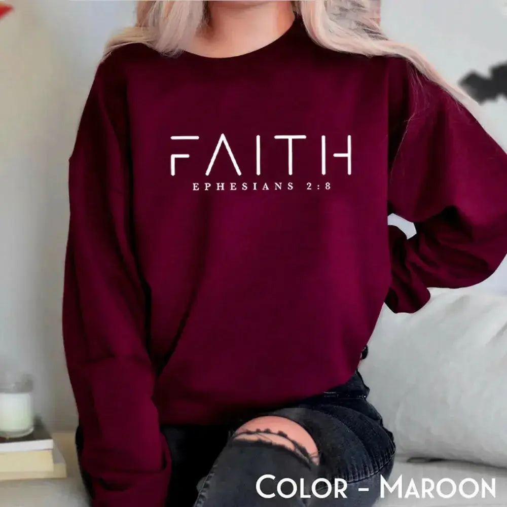 Trendy Faith Bible Verse Christian sweatshirt by Plush Fashion Hub featuring religious text on soft, comfortable crewneck sweatshirt.