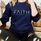 Blue Christian crewneck sweatshirt with faith Bible verse print, from Plush Fashion Hub, featuring trendy religious apparel design.