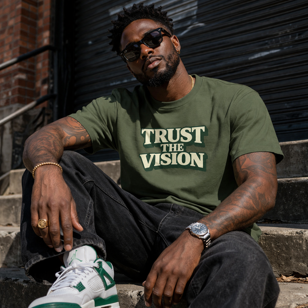 Olive green Trust The Vision T-shirt by Wear Your Worship featuring a graphic design, made from premium cotton for a purpose-driven style.