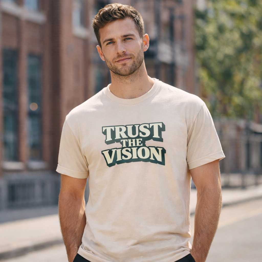 Sand-colored Trust The Vision T-Shirt by Wear Your Worship featuring a graphic design from the premium cotton graphic tee collection.