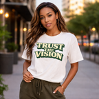 White Trust The Vision T-Shirt by Wear Your Worship featuring a graphic design, made from premium cotton for purpose-driven style.