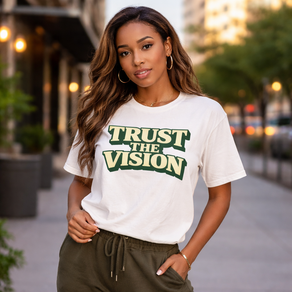 White Trust The Vision T-Shirt by Wear Your Worship featuring a graphic design, made from premium cotton for purpose-driven style.