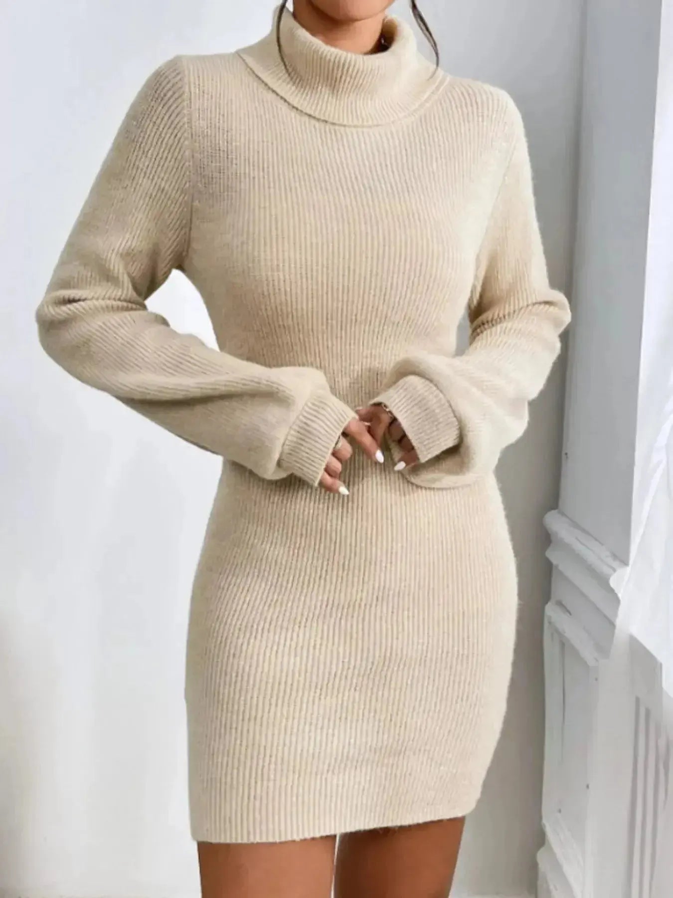 Women's ribbed knit turtleneck sweater dress with long sleeves, midi length, by Plush Fashion Hub, shown in a cozy, fitted style.