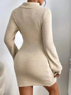 Women's ribbed knit turtleneck sweater dress with long sleeves, midi length, by Plush Fashion Hub, shown on a model.
