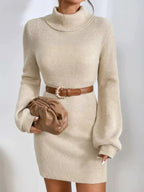 Women's ribbed knit turtleneck sweater dress with long sleeves, midi length, from Plush Fashion Hub.
