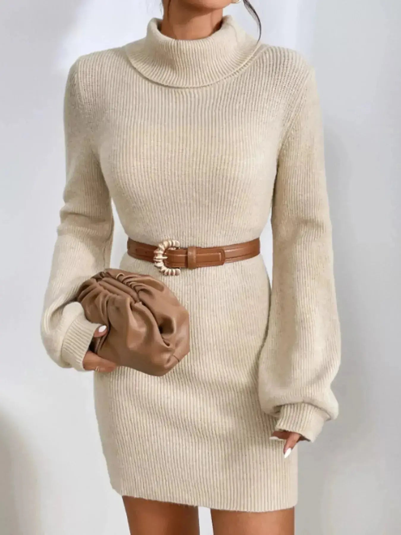 Women's ribbed knit turtleneck sweater dress with long sleeves, midi length, from Plush Fashion Hub.