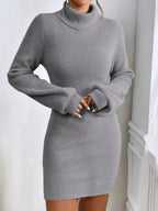Women’s ribbed knit turtleneck sweater dress by Plush Fashion Hub, featuring long sleeves and a midi length for cozy style.