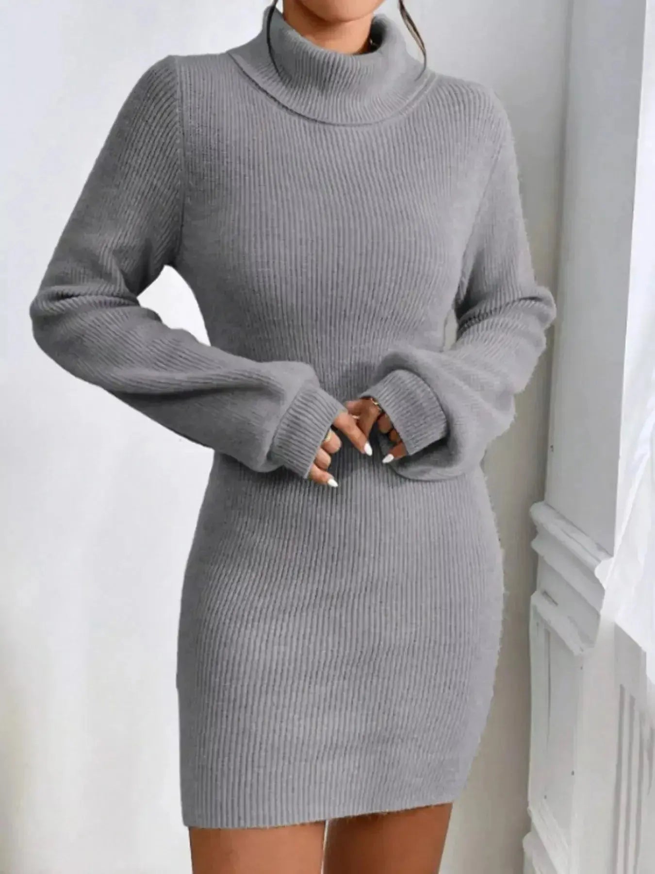 Women’s ribbed knit turtleneck sweater dress by Plush Fashion Hub, featuring long sleeves and a midi length for cozy style.