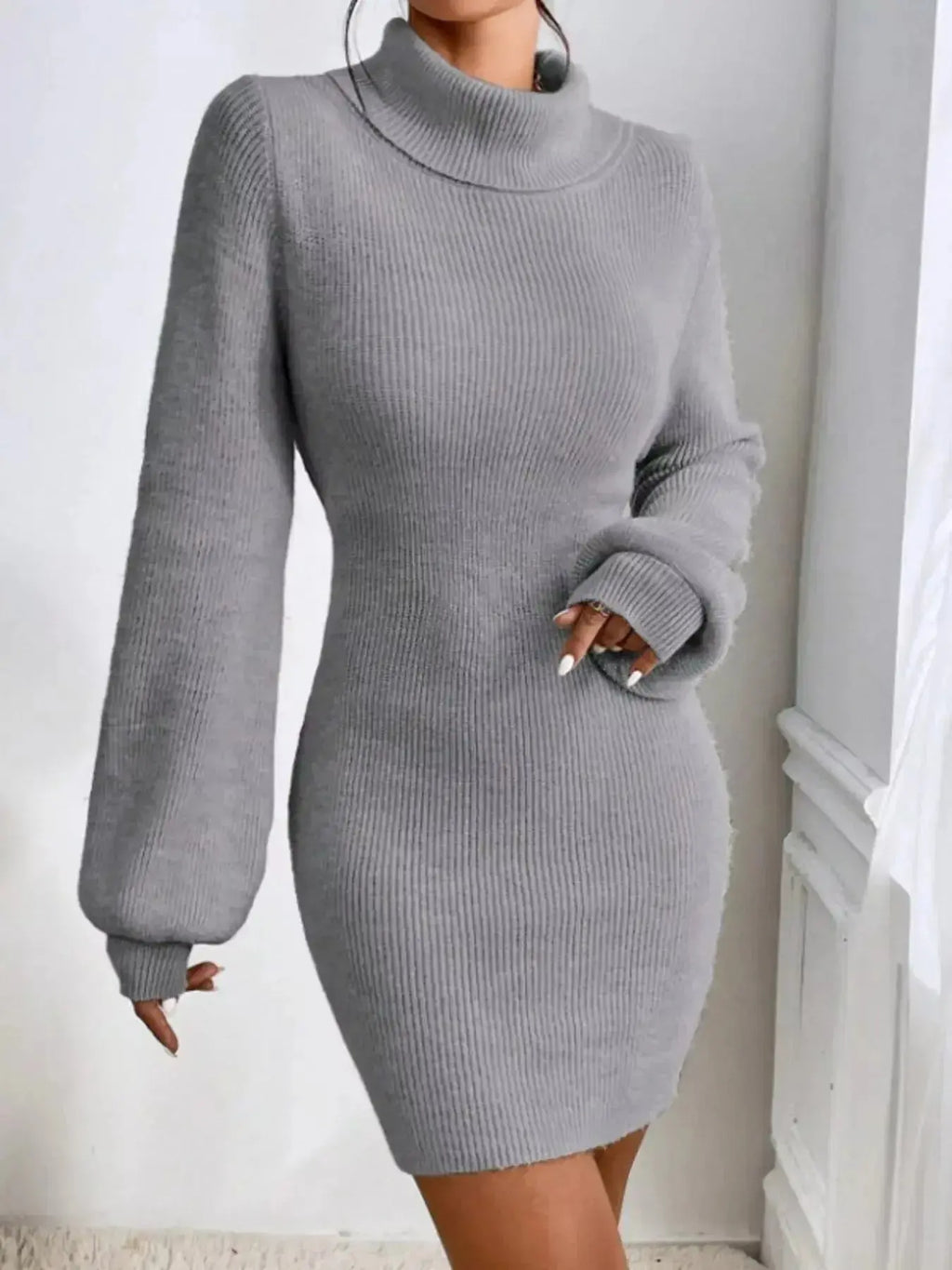 Women's ribbed knit turtleneck sweater dress with long sleeves, midi length, by Plush Fashion Hub, stylish and cozy for cooler days.