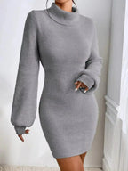 Women's ribbed knit turtleneck sweater dress with long sleeves, midi length, by Plush Fashion Hub, stylish and cozy for cooler days.