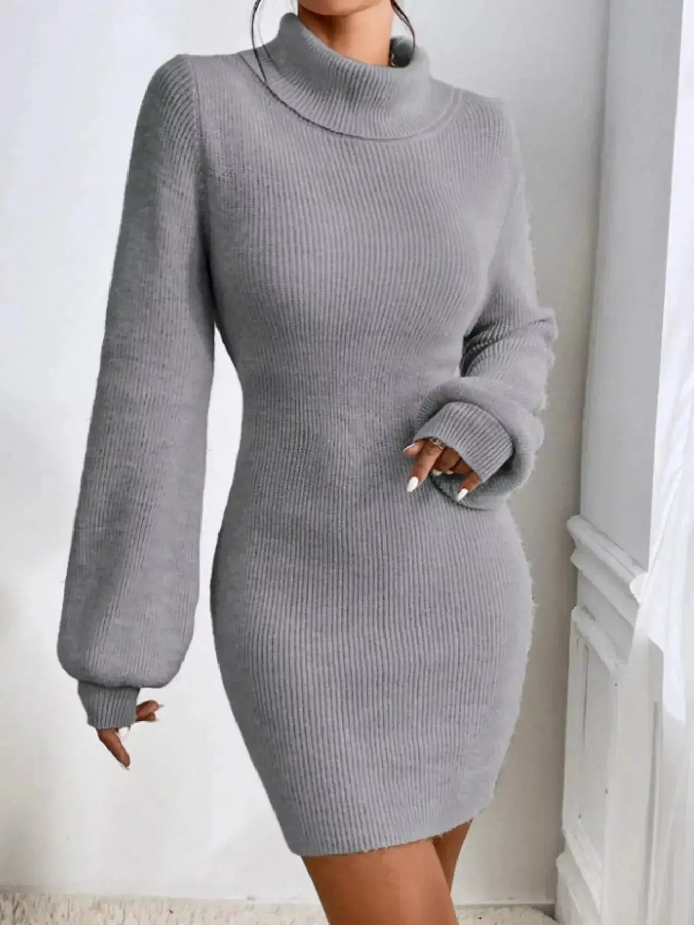 Women's ribbed knit turtleneck sweater dress with long sleeves, midi length, by Plush Fashion Hub, stylish and cozy for cooler days.