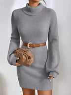 Women’s ribbed knit turtleneck sweater dress by Plush Fashion Hub, featuring long sleeves and a midi length.